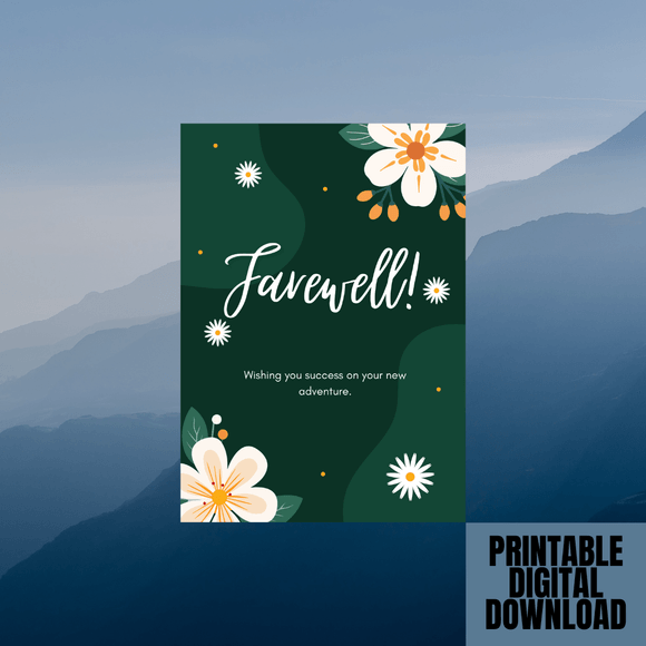 Cute Floral Farewell Card- Portrait. Printable- instant download, 5x7 In.
