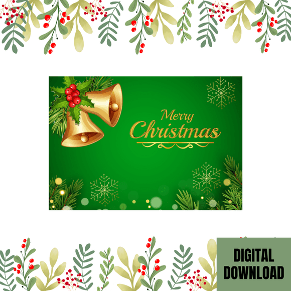 Beautiful Bells Christmas Card- Landscape. Printable- instant download, 7x5 In.