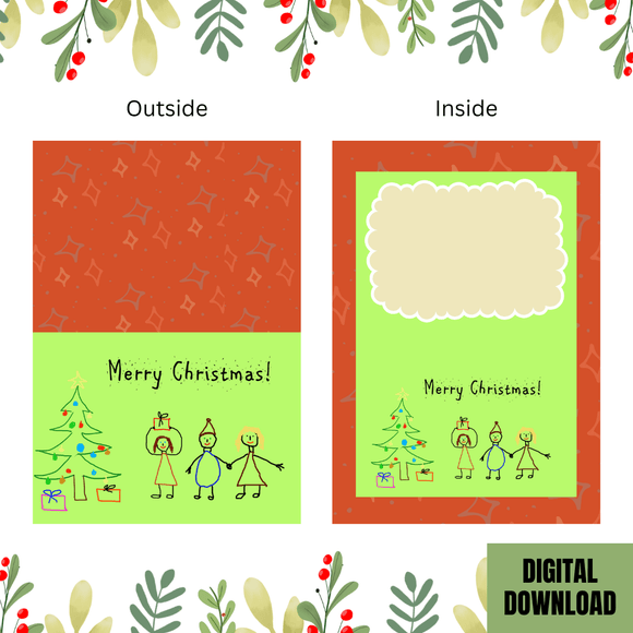 Beautiful Kids Christmas Folded Card- Landscape. Printable- instant download, 7x10 In.