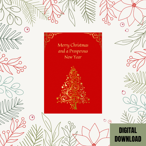 Cute Golden Tree Christmas &amp; New Year Card- Portrait. Printable- instant download, 5x7 In