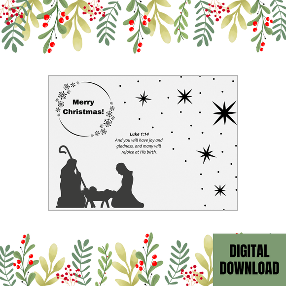 Beautiful Black &amp; White Family Christmas Card- Landscape. Printable- instant download, 7x5 In.