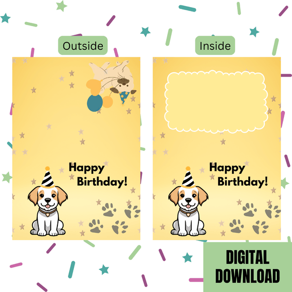 Cute Puppy Birthday Folded Card- Landscape. Printable- instant download, 7x10 In