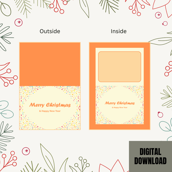 Lovely Orange Seasonal Christmas &amp; New Year Card- Landscape. Printable- instant download, 7x10 In.