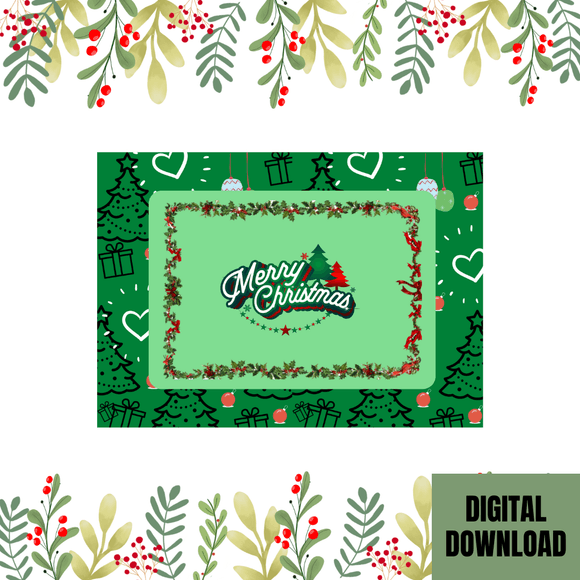 Beautiful Green Seasonal Christmas Card- Landscape. Printable- instant download, 7x5 In.