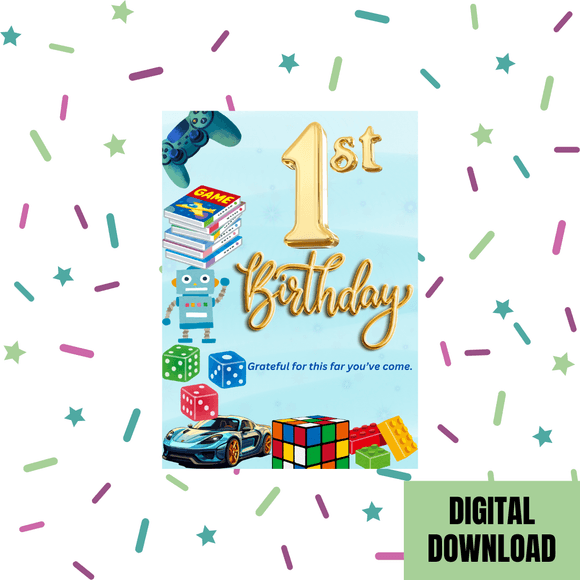 Beautiful 1st Birthday Card Blue- Portrait. Printable- instant download, 5x7 In