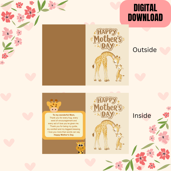 Mother &amp; Baby Giraffe Folded Mother&#x27;s Day Card- Portrait. Printable- instant download, 21 x 14.8 cm.