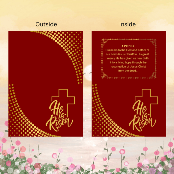 Red &amp; Gold Scripture Folded Easter Card- Landscape. Printable- instant download, 5.8 x 8.2 In.