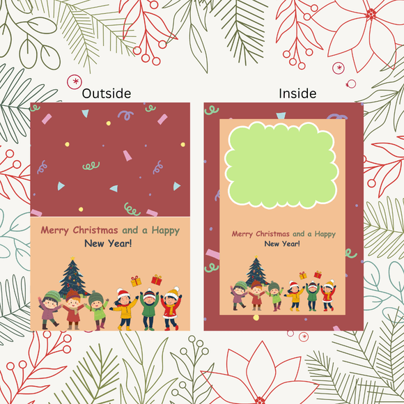 Folded Kids Christmas &amp; New Year Card- Landscape. Printable- instant download, 7x10 in.