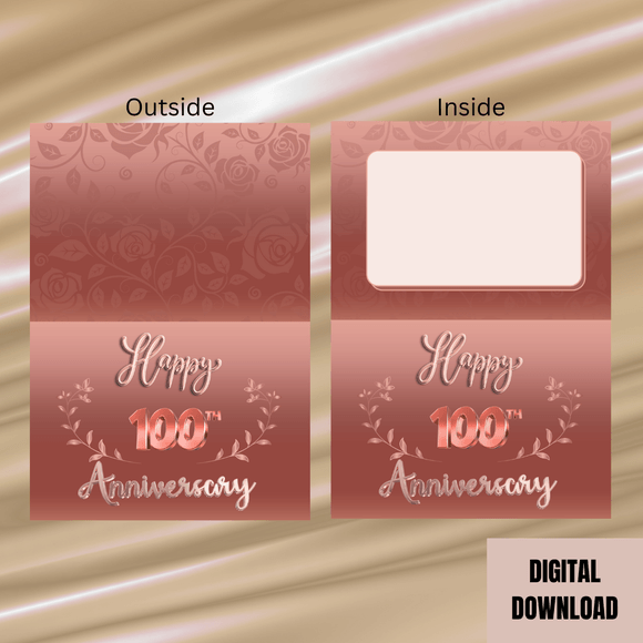 Lovely 100th Anniversary Folded Card- Landscape. Printable- instant download, 14.8x21 cm.