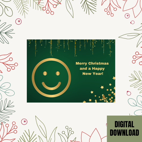Beautiful Smiley Christmas &amp; New Year Card- Landscape. Printable- instant download, 7x5 In.