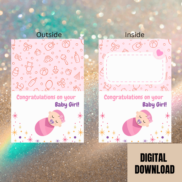 Cute Baby Girl Congratulations Folded Card- Landscape. Printable- instant download, 14.8x21 cm.