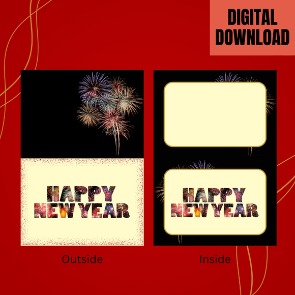 Beautiful Happy New Year Folded Card- Landscape. Printable- instant download, 7x10 In.