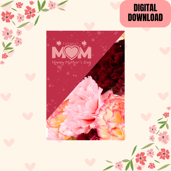 Beautiful Carnation Mother&#x27;s Day Card- Portrait. Printable- instant download, 5x7 In.
