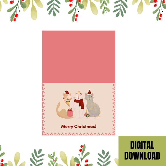 Beautiful Cat Christmas Folded Card- Landscape. Printable- instant download, 7x10 In.