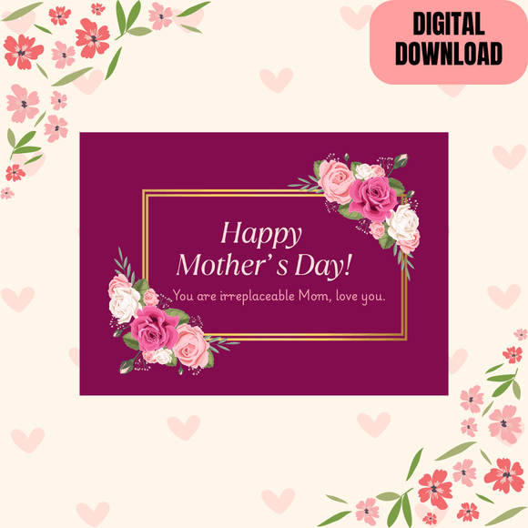 Beautiful Happy Mother&#x27;s Day Card- Landscape. Printable- instant download, 7x5 In.