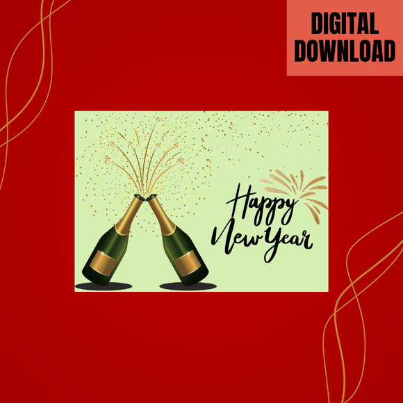 Beautiful Champagne New Year Card- Landscape. Printable- instant download, 7x5 In.
