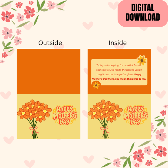 Cute Heartfelt Folded Mother&#x27;s Day Card- Landscape. Printable- instant download, 14.8 x 21 cm.