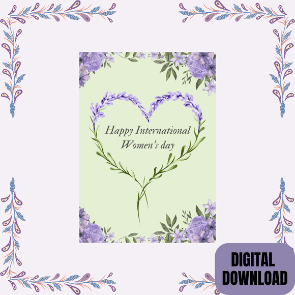 Purple &amp; Green Floral Women&#x27;s Day Card- Portrait. Printable- instant download, 5x7 In.