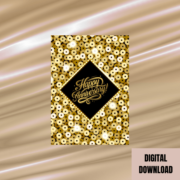 Beautiful Gold Glitter Anniversary Card- Portrait. Printable- instant download, 5x7 In.