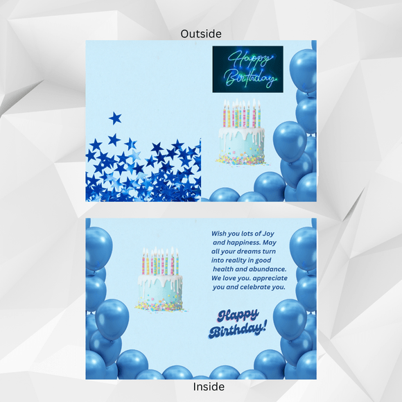 Fold Birthday Card- Blue- Portrait, Printable- instant download, 10x7 In