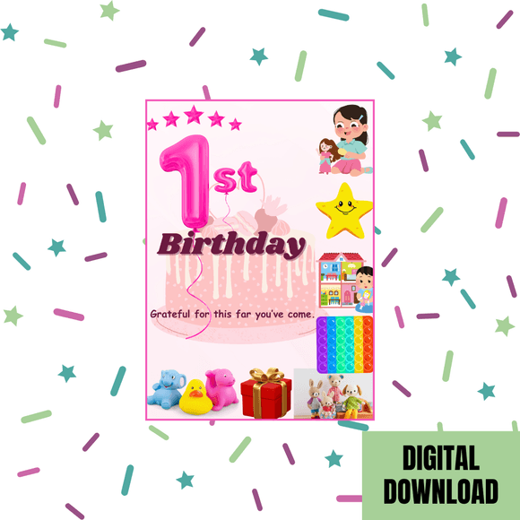 Beautiful 1st Birthday Card Pink- Portrait. Printable- instant download, 5x7 In
