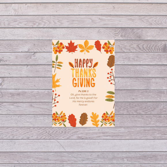 Happy Thanksgiving Card- Portrait. Printable- instant download, 5x7 in