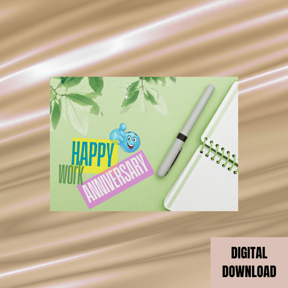 Cute Work Anniversary Card- Landscape. Printable- instant download, 7x5 In.