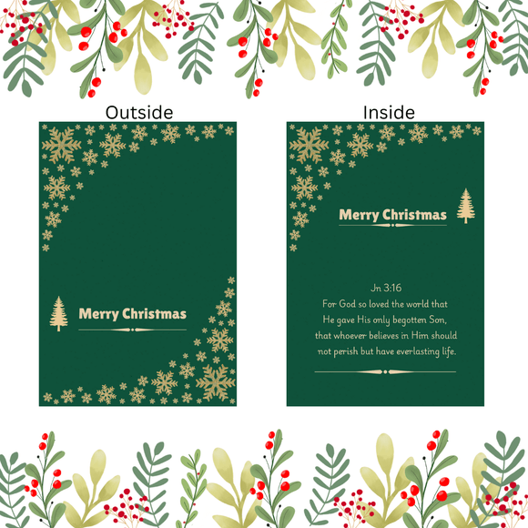 Folded Green and Gold Christmas Card- Landscape. Printable- instant download, 7x10 In.