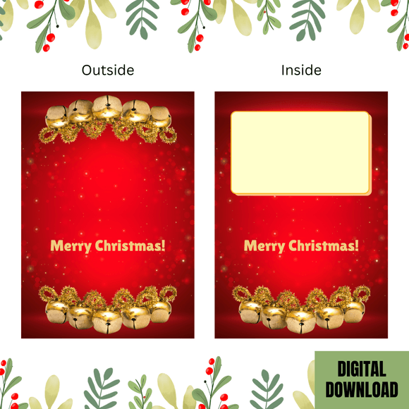 Beautful Bells Christmas Folded Card- Landscape. Printable- instant download, 7x10 In.