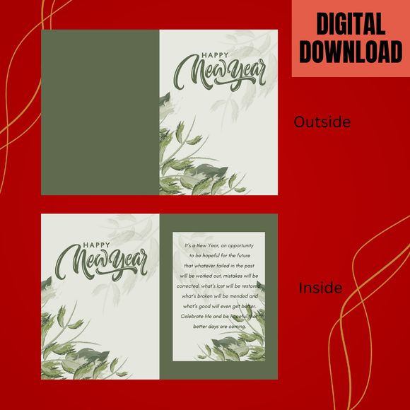 Cute Inspirational New Year Folded Card- Portrait. Printable- instant download, 10x7 In.