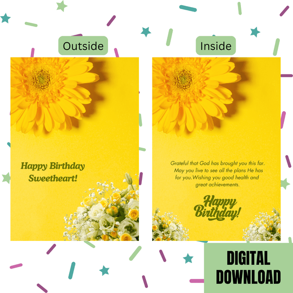 Cute Sweetheart Birthday Folded Card- Landscape. Printable- instant download, 7x10 In