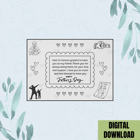 Cute Black &amp; White Father&#x27;s Day Card- Landscape. Printable- instant download, 7x5 In.