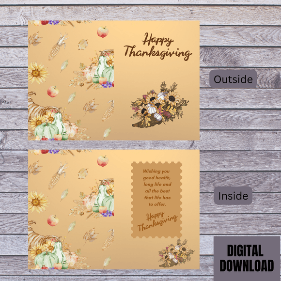 Beautiful Cornucopia Thanksgiving Folded Card- Portrait. Printable- instant download, 10x7 In
