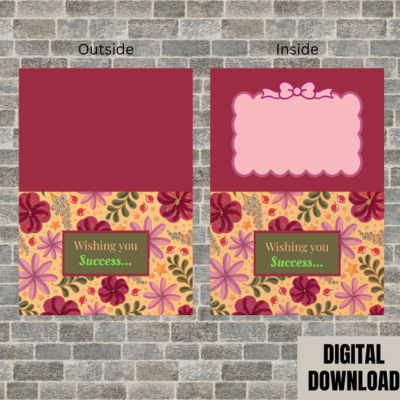 Beautiful Flowery Success Folded Card- Landscape. Printable- instant download, 14.8x21 cm.
