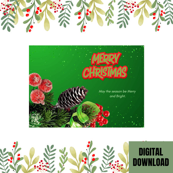 Beautiful Holly Christmas Card- Landscape. Printable- instant download, 7x5 In.