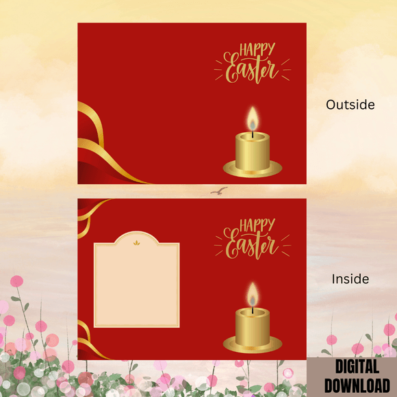 Gold Candle Folded Easter Card- Portrait. Printable- instant download, 8.2 x 5.8 In.