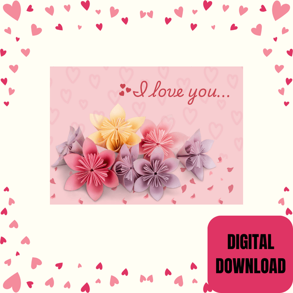 Flower Love You Couple Card- Landscape. Printable- instant download, 7x5 In.