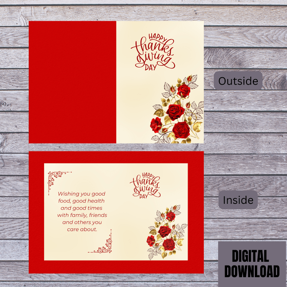 Beautiful Red Roses Thanksgiving Folded Card- Portrait. Printable- instant download, 10x7 In