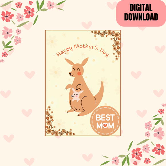Cute Kangaroo Mother&#x27;s Day Card- Portrait. Printable- instant download, 5x7 In.