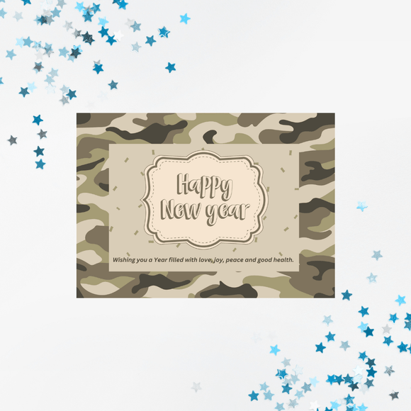 Military Camouflage New Year Card- Landscape. Printable- instant download, 7x5 In.