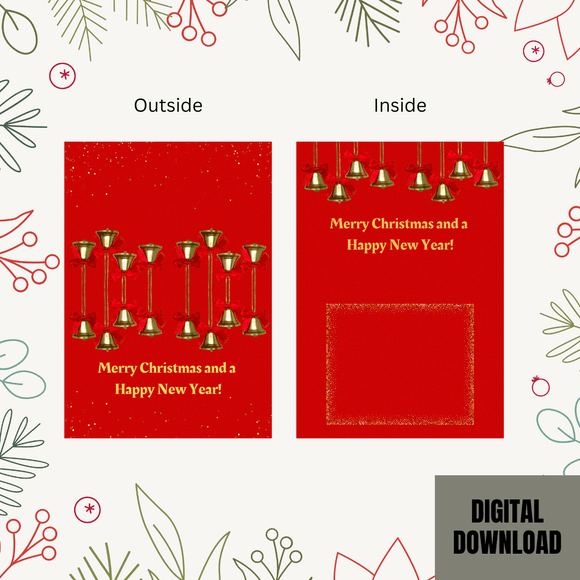 Lovely Bells Christmas &amp; New Year Folded Card- Landscape. Printable- instant download, 7x10 In.