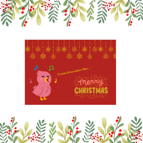 Singing Bird Christmas Card- Landscape. Printable- instant downlaod, 7x5 In.