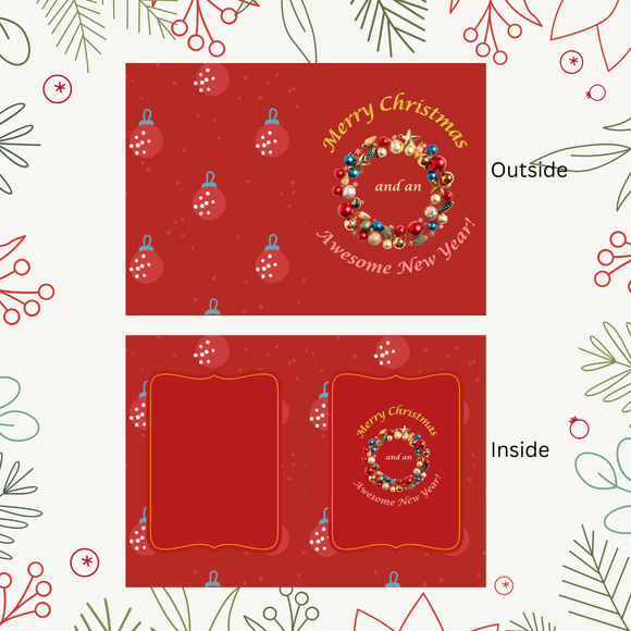 Cute Wreath Christmas &amp; New Year Folded Card- Portrait. Printable- instant download, 10x7 In.