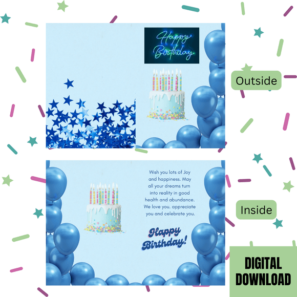 Lovely Happy Birthday Folded Card- Portrait, Printable- instant download, 10x7 In