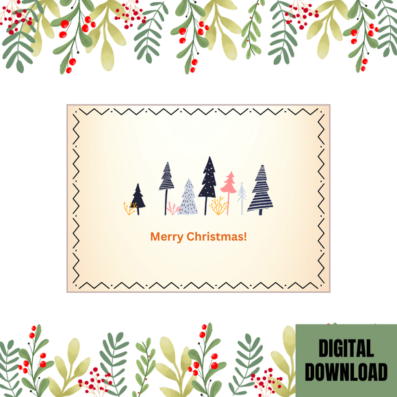 Beautiful Merry Christmas Card- Landscape. Printable- instant download, 7x5 In.