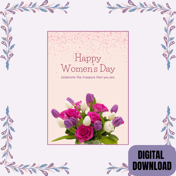 Floral Women&#x27;s Day Card- Portrait. Printable- instant download, 5x7 In.