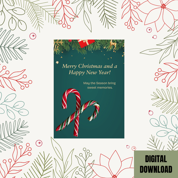 Cute Candy Christmas &amp; New Year Card- Portrait. Printable- instant download, 5x7 In