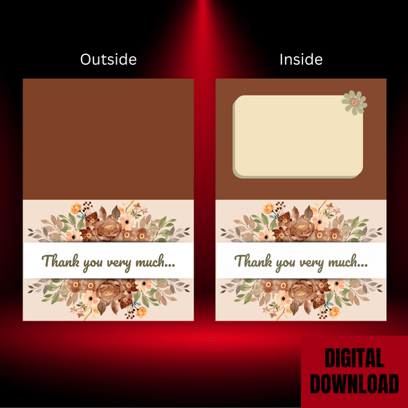 Beautiful Flower Thank You Folded card- Landscape. Printable- instant download, 14.8x21 cm