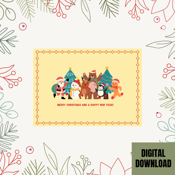 Beautiful Merry Christmas and Happy New Year Card- Landscape. Printable- instant download, 7x5 In.