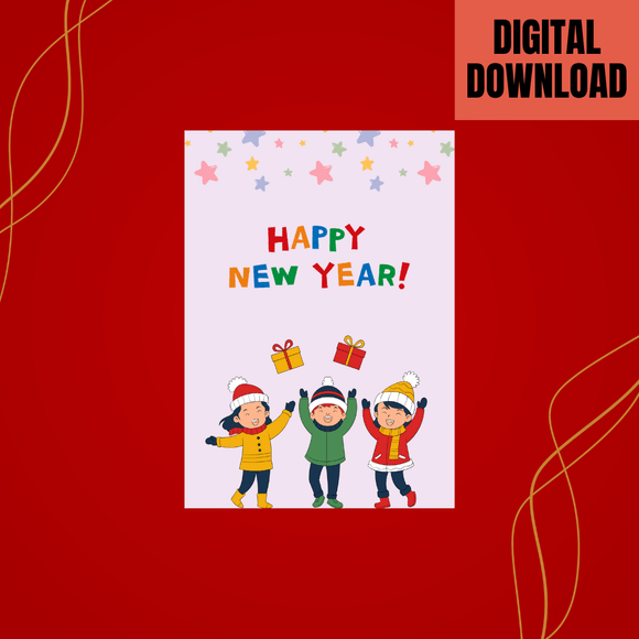Cute Kids New Year Card- Portrait. Printable- instant download, 5x7 in.